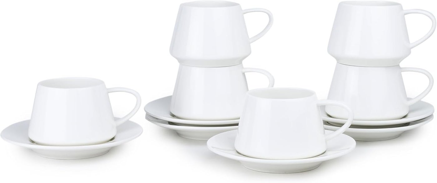 Shallow Elegant Porcelain Cup & Saucer Set – 6 Cups & 6 Saucers (12-Piece) | 180 ml White Tea & Coffee Set for Everyday & Formal Dining